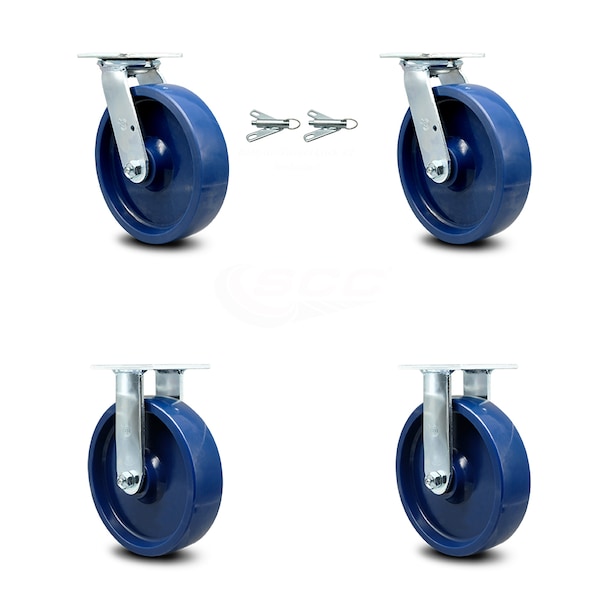 8 Inch Solid Polyurethane Caster Set with Roller Bearings 2 Swivel Lock 2 Rigid